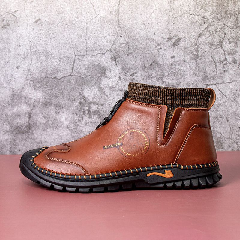 Hommes En Cuir Véritable Vintage Chelsea Fond Souple Sans Lacet Chaud Décontracté Chaussette Bottes