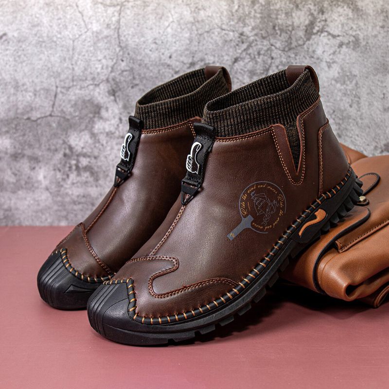 Hommes En Cuir Véritable Vintage Chelsea Fond Souple Sans Lacet Chaud Décontracté Chaussette Bottes