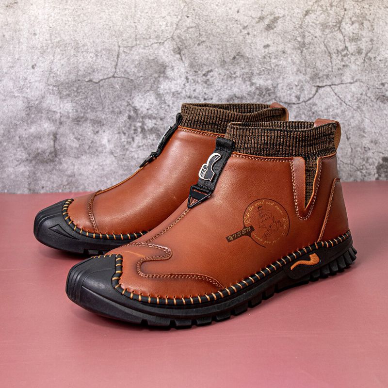 Hommes En Cuir Véritable Vintage Chelsea Fond Souple Sans Lacet Chaud Décontracté Chaussette Bottes