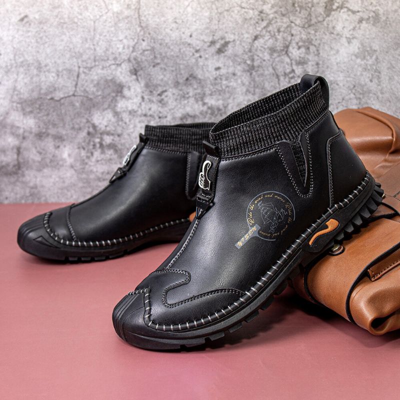 Hommes En Cuir Véritable Vintage Chelsea Fond Souple Sans Lacet Chaud Décontracté Chaussette Bottes