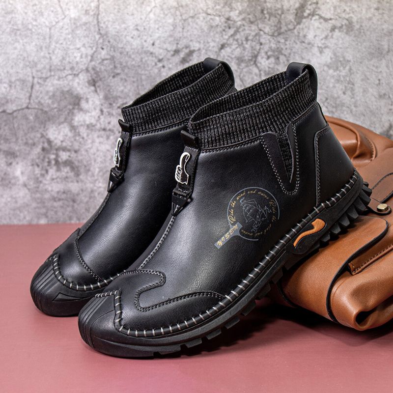 Hommes En Cuir Véritable Vintage Chelsea Fond Souple Sans Lacet Chaud Décontracté Chaussette Bottes