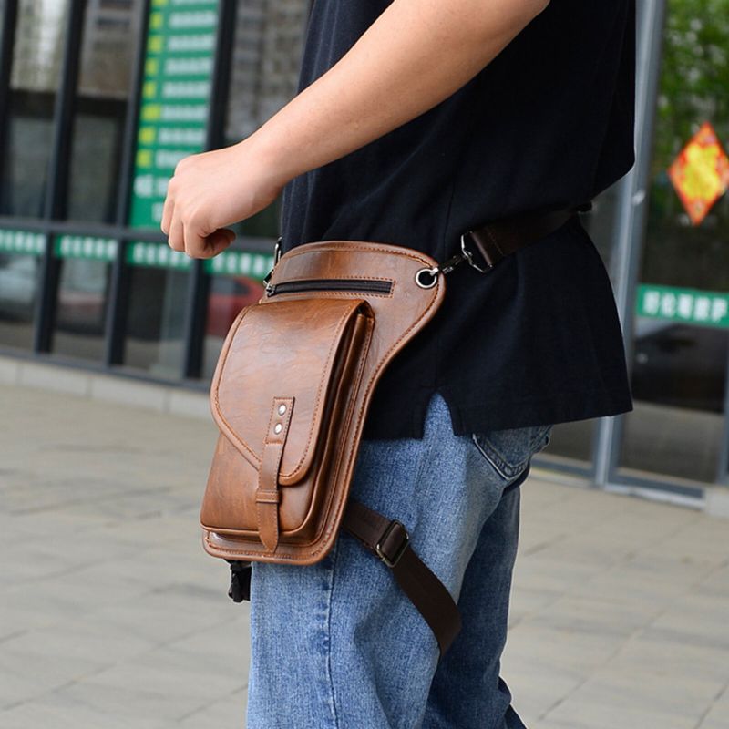 Hommes En Cuir Véritable Vintage Décontracté Tactique Taille Sac Militaire Couleur Unie Multifonctionnel Jambe Sac Sac À Bandoulière