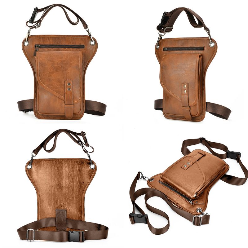 Hommes En Cuir Véritable Vintage Décontracté Tactique Taille Sac Militaire Couleur Unie Multifonctionnel Jambe Sac Sac À Bandoulière