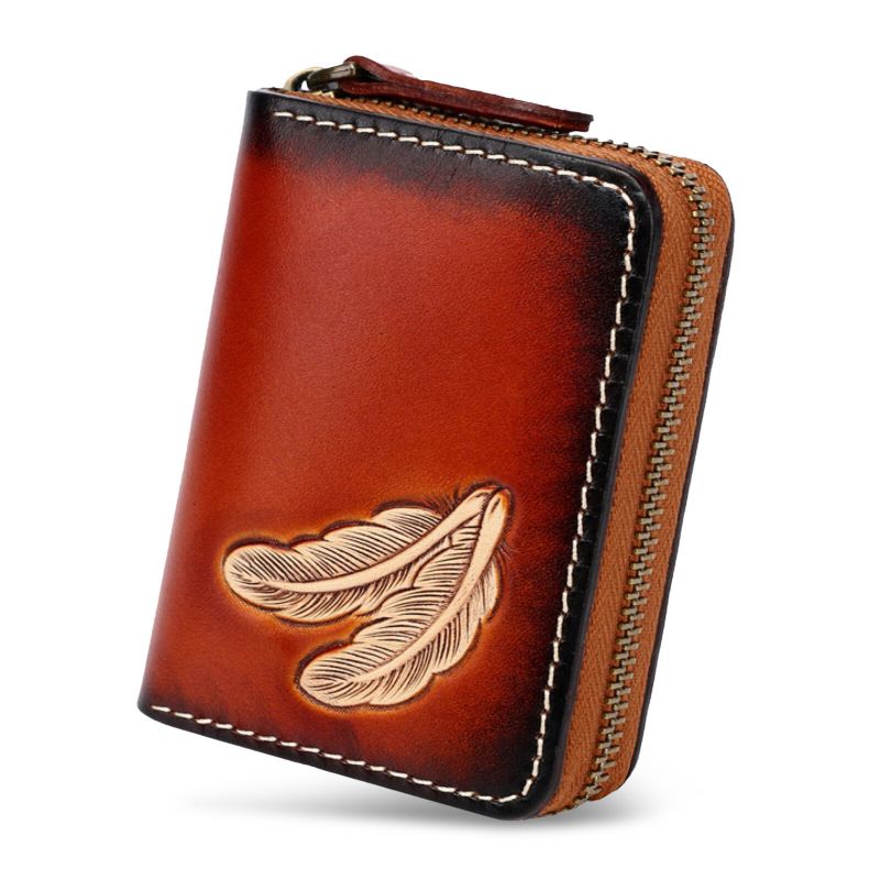 Hommes En Cuir Véritable Vintage Fermeture Éclair Avant Plume Gaufrage Portefeuille Plusieurs Fentes Pour Cartes Petit Porte-carte