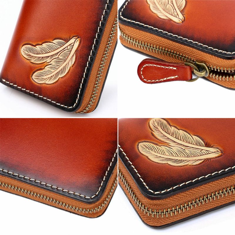 Hommes En Cuir Véritable Vintage Fermeture Éclair Avant Plume Gaufrage Portefeuille Plusieurs Fentes Pour Cartes Petit Porte-carte