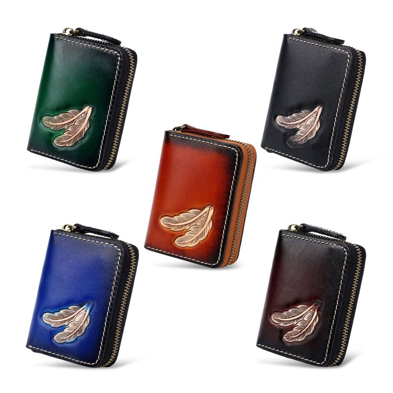 Hommes En Cuir Véritable Vintage Fermeture Éclair Avant Plume Gaufrage Portefeuille Plusieurs Fentes Pour Cartes Petit Porte-carte