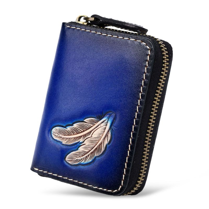 Hommes En Cuir Véritable Vintage Fermeture Éclair Avant Plume Gaufrage Portefeuille Plusieurs Fentes Pour Cartes Petit Porte-carte