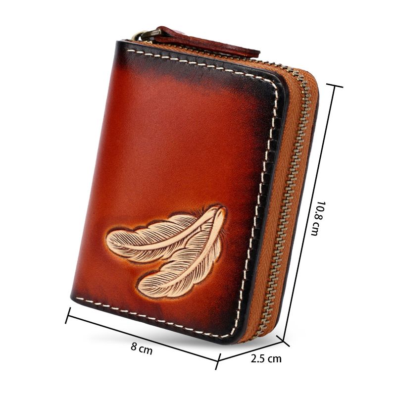 Hommes En Cuir Véritable Vintage Fermeture Éclair Avant Plume Gaufrage Portefeuille Plusieurs Fentes Pour Cartes Petit Porte-carte