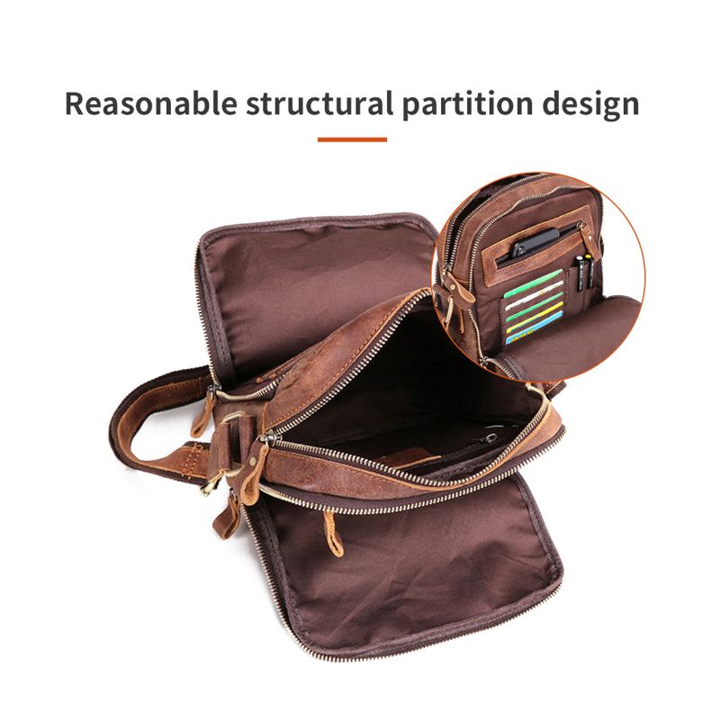 Hommes En Cuir Véritable Vintage Grande Capacité Sac À Bandoulière Durable Compartiment Intérieur Sac D'affaires Décontracté