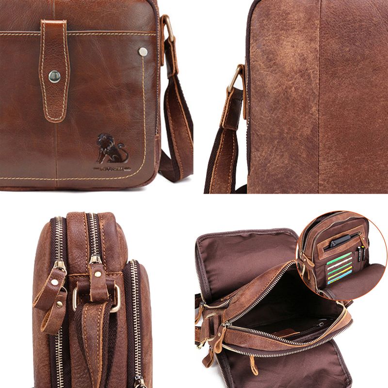 Hommes En Cuir Véritable Vintage Grande Capacité Sac À Bandoulière Durable Compartiment Intérieur Sac D'affaires Décontracté