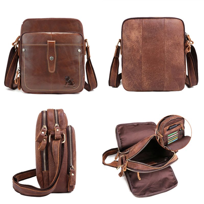 Hommes En Cuir Véritable Vintage Grande Capacité Sac À Bandoulière Durable Compartiment Intérieur Sac D'affaires Décontracté