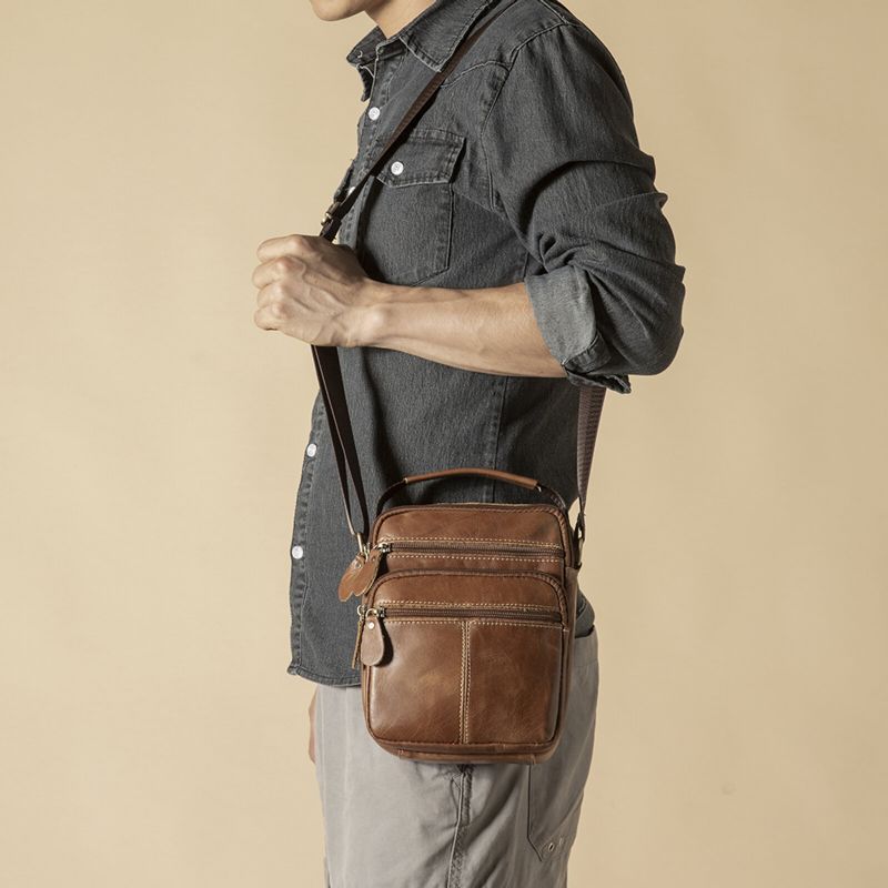 Hommes En Cuir Véritable Vintage Grande Capacité Sac À Bandoulière Résistant À La Mode Fermeture Éclair Conception Sac À Bandoulière