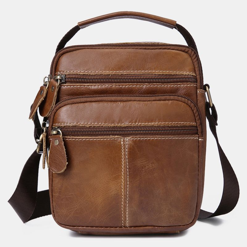 Hommes En Cuir Véritable Vintage Grande Capacité Sac À Bandoulière Résistant À La Mode Fermeture Éclair Conception Sac À Bandoulière