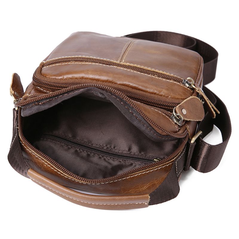 Hommes En Cuir Véritable Vintage Grande Capacité Sac À Bandoulière Résistant À La Mode Fermeture Éclair Conception Sac À Bandoulière