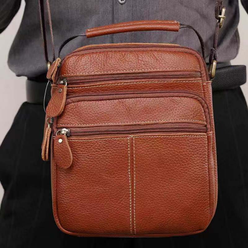 Hommes En Cuir Véritable Vintage Grande Capacité Sac À Bandoulière Résistant À La Mode Fermeture Éclair Conception Sac À Bandoulière