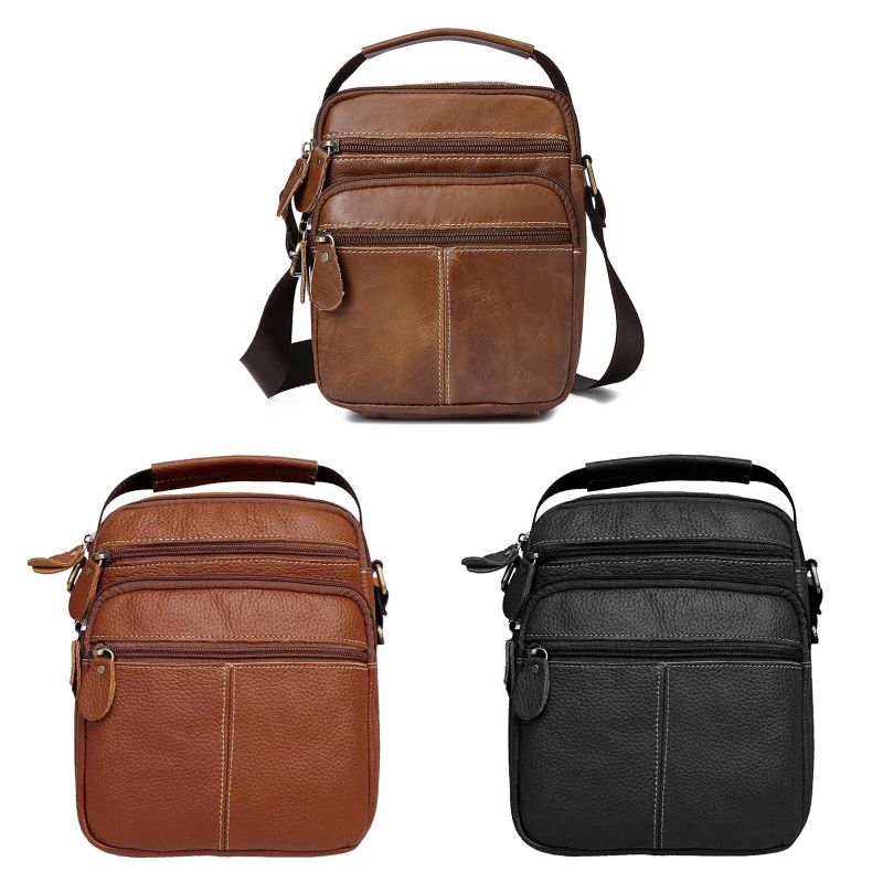 Hommes En Cuir Véritable Vintage Grande Capacité Sac À Bandoulière Résistant À La Mode Fermeture Éclair Conception Sac À Bandoulière