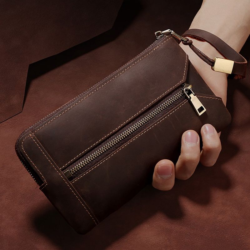 Hommes En Cuir Véritable Vintage Long Bracelet Portefeuille Multifonctionnel Clé Stockage Fermeture Éclair Pochette Portefeuille