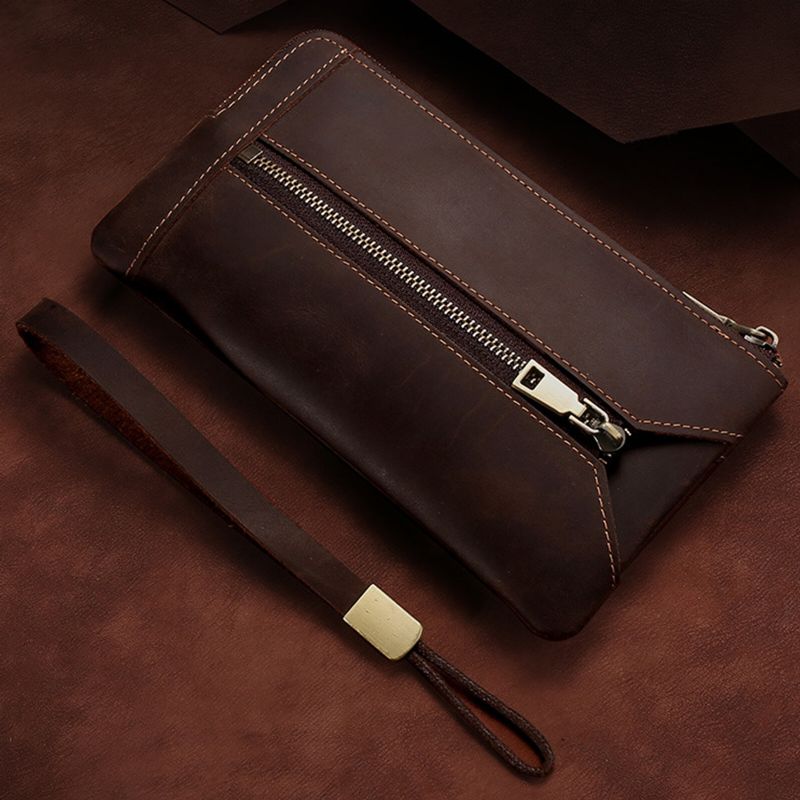 Hommes En Cuir Véritable Vintage Long Bracelet Portefeuille Multifonctionnel Clé Stockage Fermeture Éclair Pochette Portefeuille