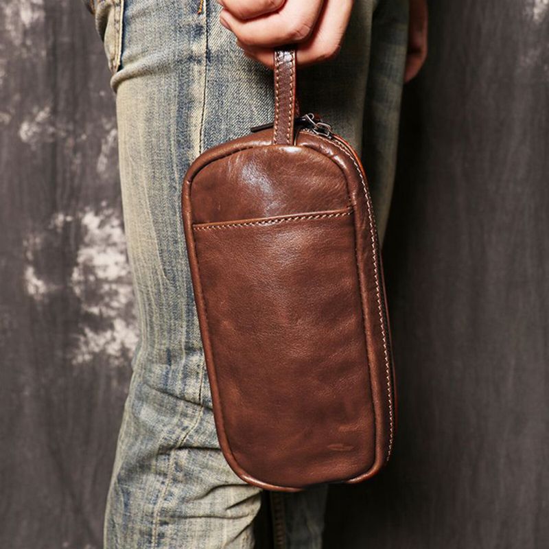 Hommes En Cuir Véritable Vintage Long Portefeuille Couleur Unie Grande Capacité Bracelet Fermeture Éclair Pochette Téléphone Sac