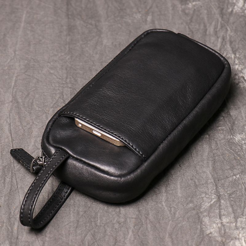 Hommes En Cuir Véritable Vintage Long Portefeuille Couleur Unie Grande Capacité Bracelet Fermeture Éclair Pochette Téléphone Sac