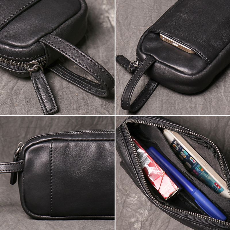 Hommes En Cuir Véritable Vintage Long Portefeuille Couleur Unie Grande Capacité Bracelet Fermeture Éclair Pochette Téléphone Sac