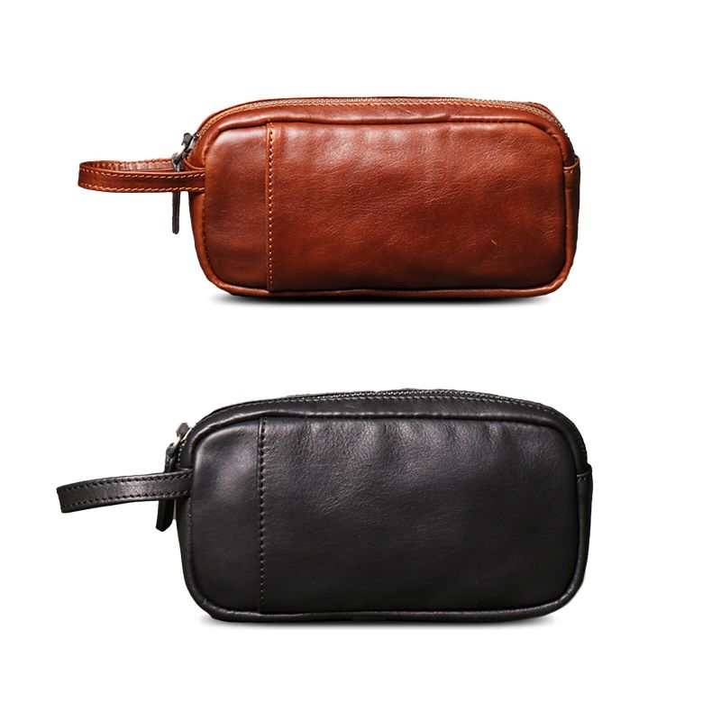 Hommes En Cuir Véritable Vintage Long Portefeuille Couleur Unie Grande Capacité Bracelet Fermeture Éclair Pochette Téléphone Sac