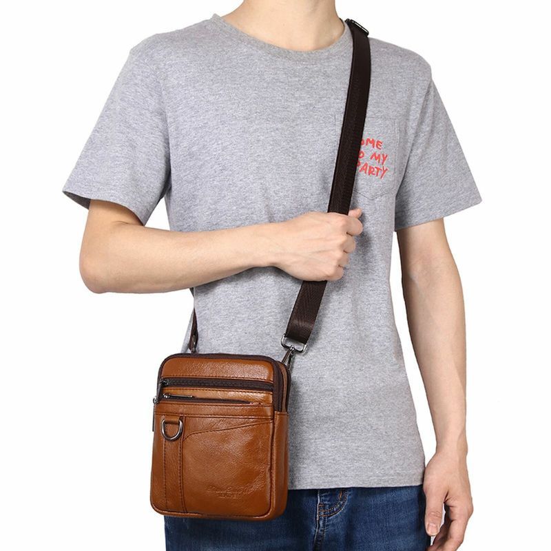 Hommes En Cuir Véritable Vintage Multi-compartiments Fermeture Éclair Sac De Téléphone Portable Épaule Sac À Bandoulière