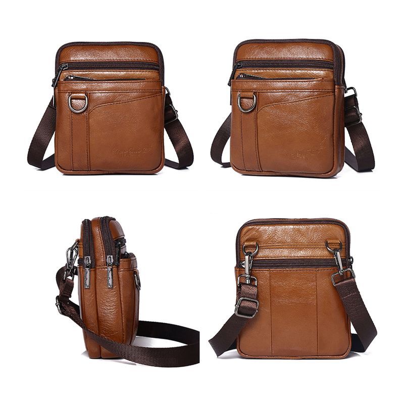 Hommes En Cuir Véritable Vintage Multi-compartiments Fermeture Éclair Sac De Téléphone Portable Épaule Sac À Bandoulière