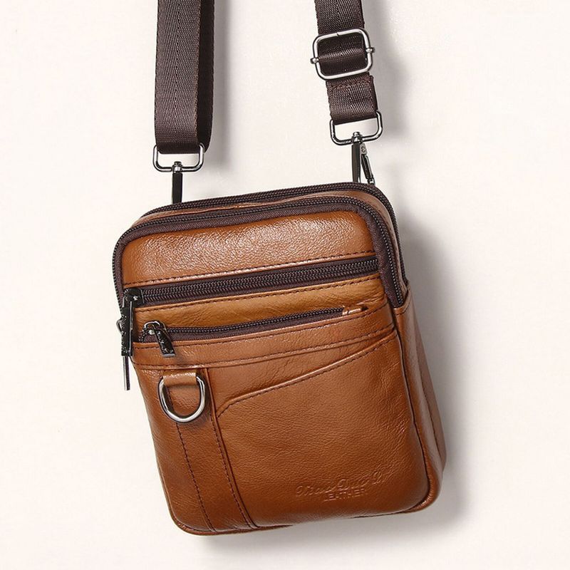 Hommes En Cuir Véritable Vintage Multi-compartiments Fermeture Éclair Sac De Téléphone Portable Épaule Sac À Bandoulière