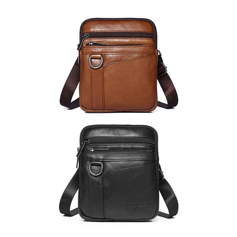 Hommes En Cuir Véritable Vintage Multi-compartiments Fermeture Éclair Sac De Téléphone Portable Épaule Sac À Bandoulière