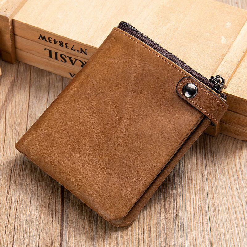 Hommes En Cuir Véritable Vintage Zipper Hasp Wallet Multiple-card Slots Bifold Short Wallet