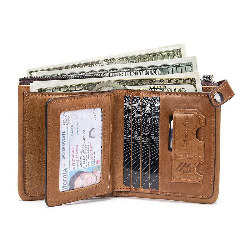 Hommes En Cuir Véritable Vintage Zipper Hasp Wallet Multiple-card Slots Bifold Short Wallet