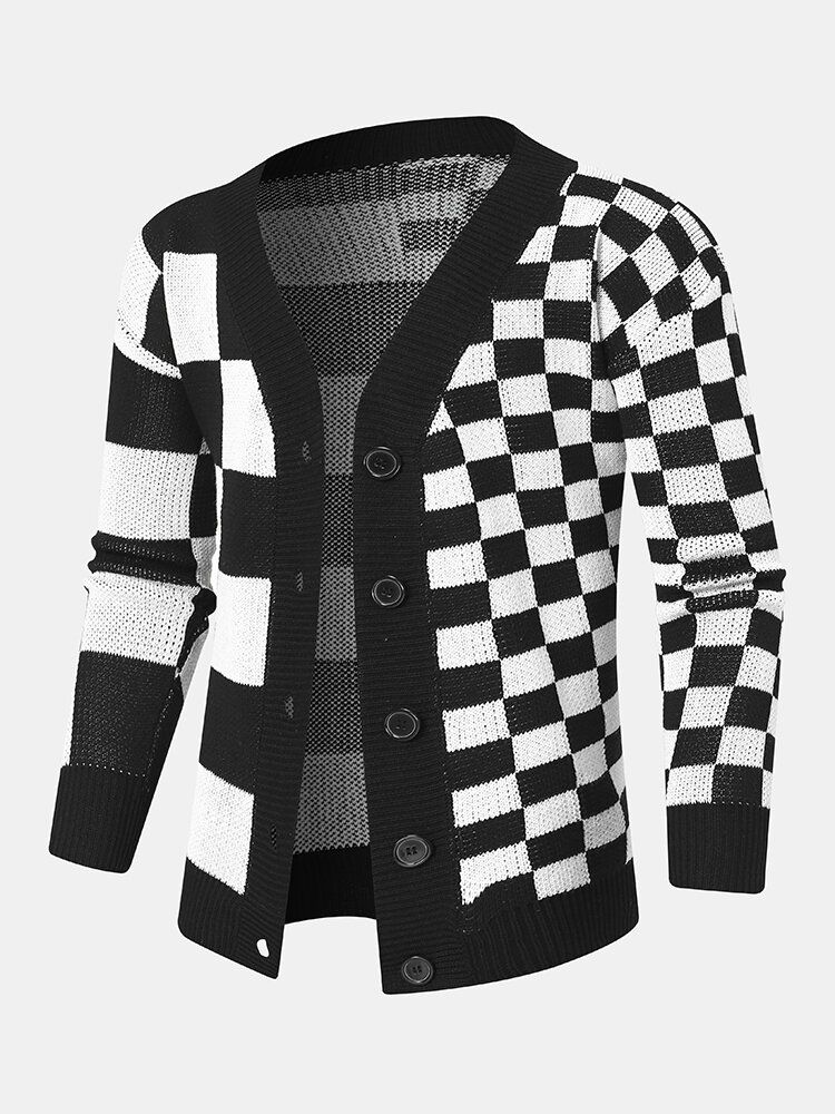 Hommes Damier Patchwork Color Block Tricoté Treillis Casual Cardigans