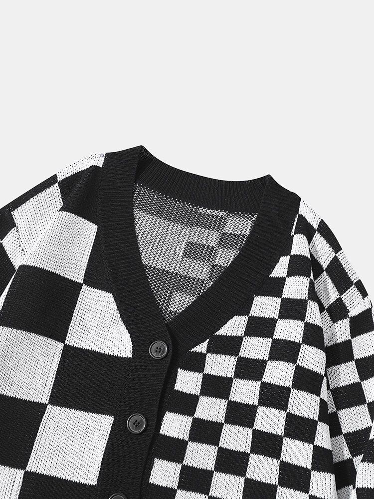 Hommes Damier Patchwork Color Block Tricoté Treillis Casual Cardigans