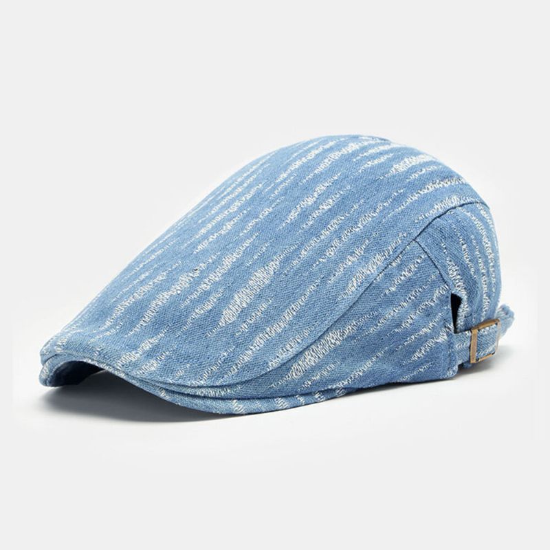 Hommes Denim Béret Casquette Trou Cassé Petite Rayure Bord Court Mode Crème Solaire Chapeau Plat Avant Casquette