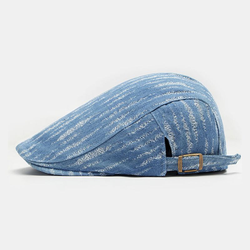 Hommes Denim Béret Casquette Trou Cassé Petite Rayure Bord Court Mode Crème Solaire Chapeau Plat Avant Casquette