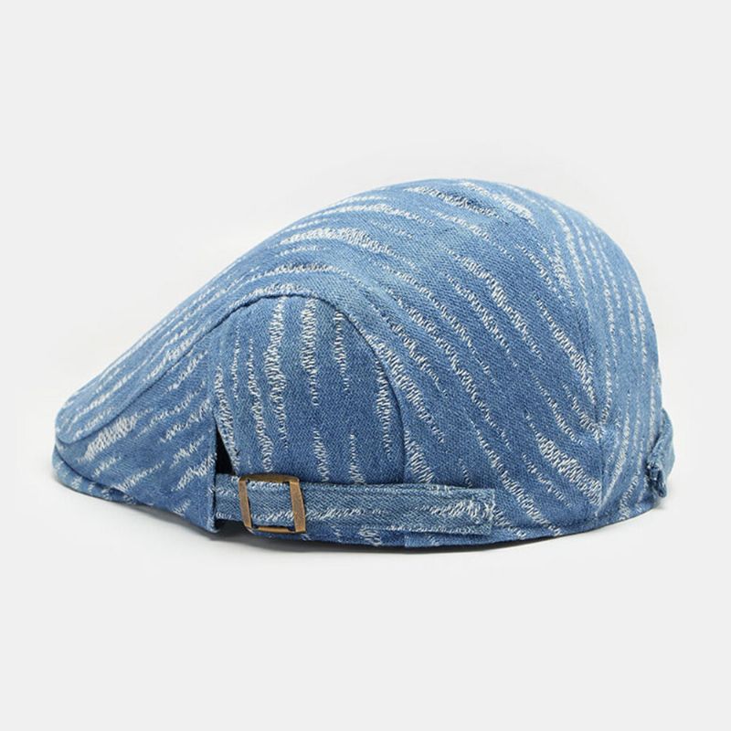 Hommes Denim Béret Casquette Trou Cassé Petite Rayure Bord Court Mode Crème Solaire Chapeau Plat Avant Casquette