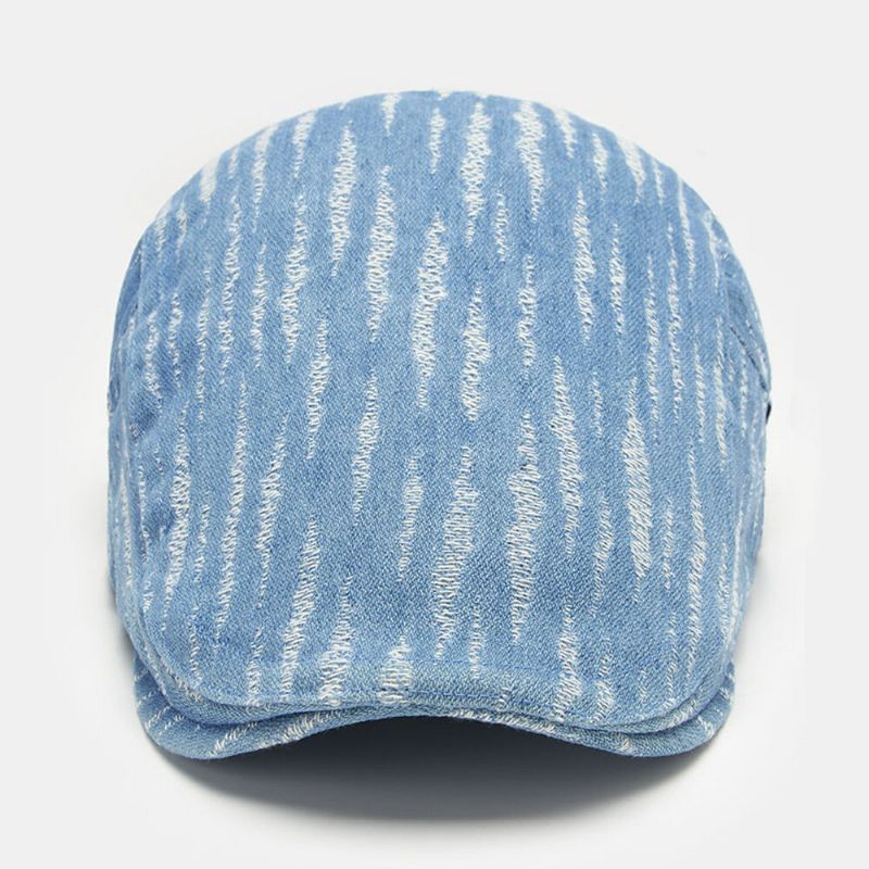 Hommes Denim Béret Casquette Trou Cassé Petite Rayure Bord Court Mode Crème Solaire Chapeau Plat Avant Casquette