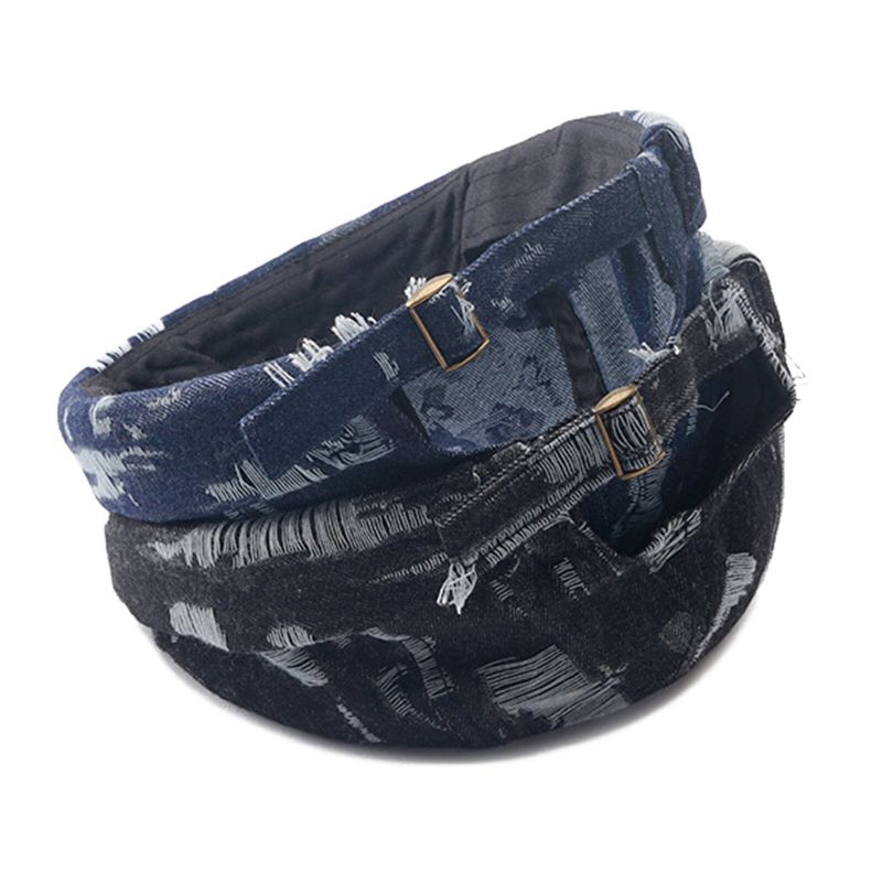 Hommes Denim Distressed Ripped Trendy All-match Réglable Brimless Beanie Landlord Caps Skull Caps