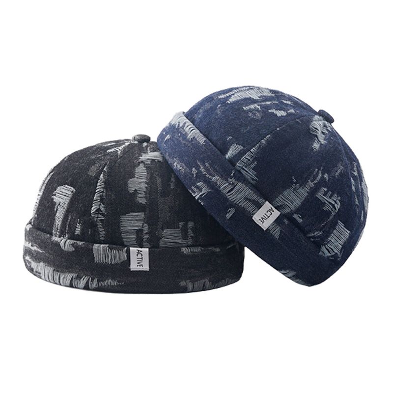 Hommes Denim Distressed Ripped Trendy All-match Réglable Brimless Beanie Landlord Caps Skull Caps