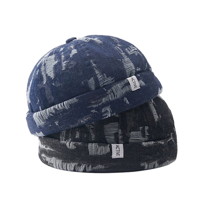 Hommes Denim Distressed Ripped Trendy All-match Réglable Brimless Beanie Landlord Caps Skull Caps