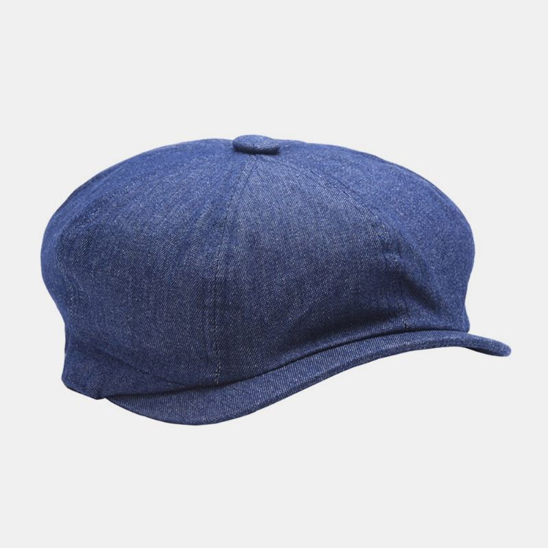 Hommes Denim Patchwork Béret Casquette Décontracté Rétro Élastique Bande Octogonale Chapeau Plat Chapeau Peintre Gavroche Casquette