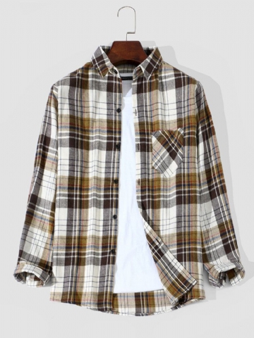 Hommes Denim Plaid Poche Poitrine Ourlet Incurvé Bouton Avant Chemises À Manches Longues