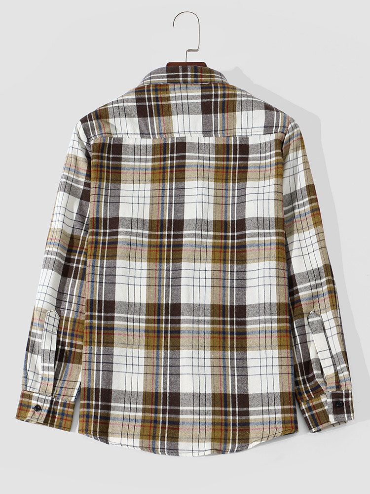 Hommes Denim Plaid Poche Poitrine Ourlet Incurvé Bouton Avant Chemises À Manches Longues