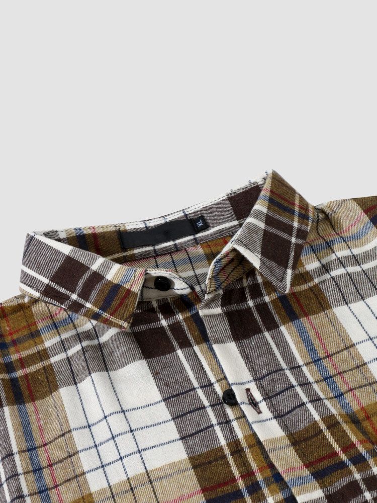 Hommes Denim Plaid Poche Poitrine Ourlet Incurvé Bouton Avant Chemises À Manches Longues