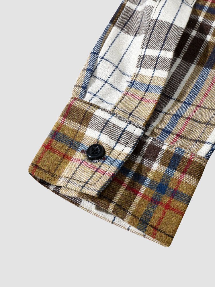 Hommes Denim Plaid Poche Poitrine Ourlet Incurvé Bouton Avant Chemises À Manches Longues