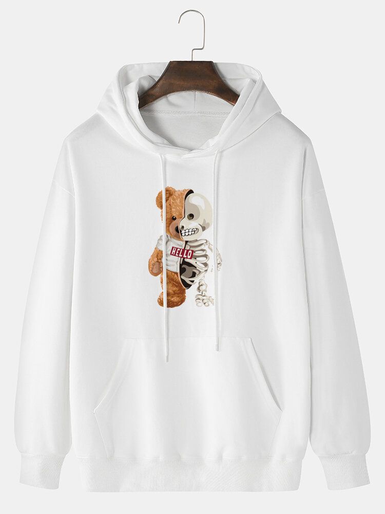 Hommes Design Poupée Ours Crâne Imprimé Poche Kangourou 100% Coton Hoodies