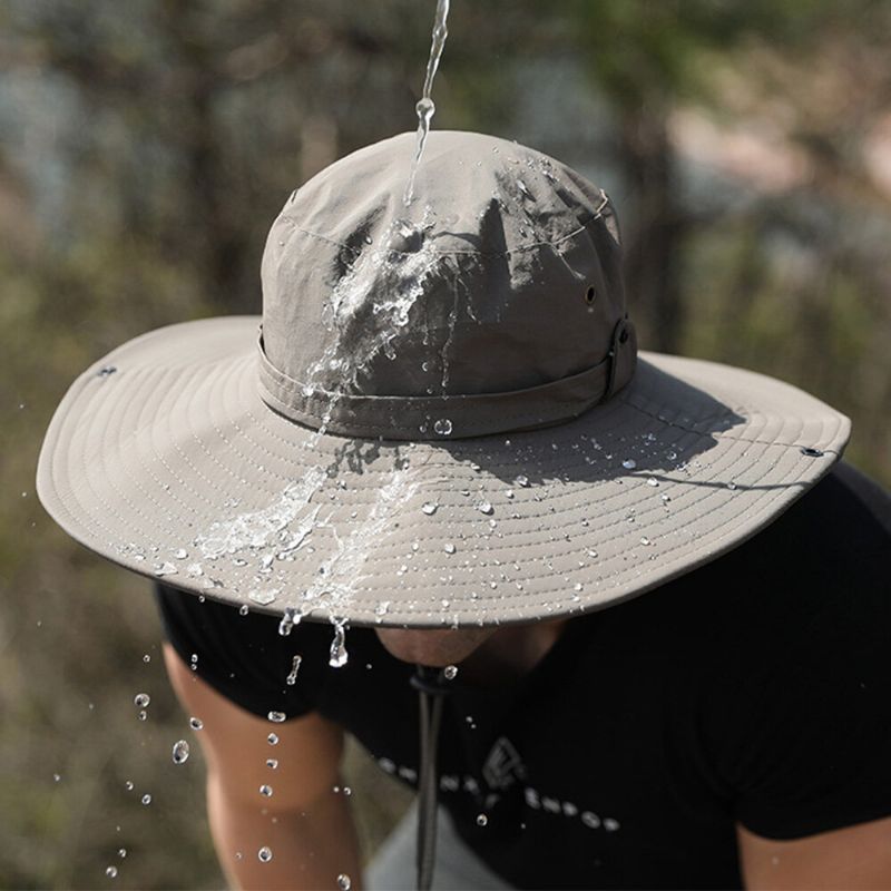 Hommes Double Usage Anti-uv Seau Chapeau Grand Bord Coupe-vent Corde Réglable Pêche En Plein Air Parasol Chapeau