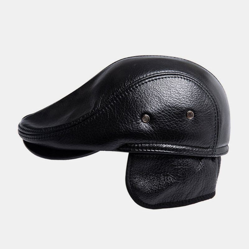 Hommes Earflap Chapeau En Cuir Véritable Dôme Extérieur Protection Des Oreilles Bérets Chauds Driver Hat Cabbie Hat