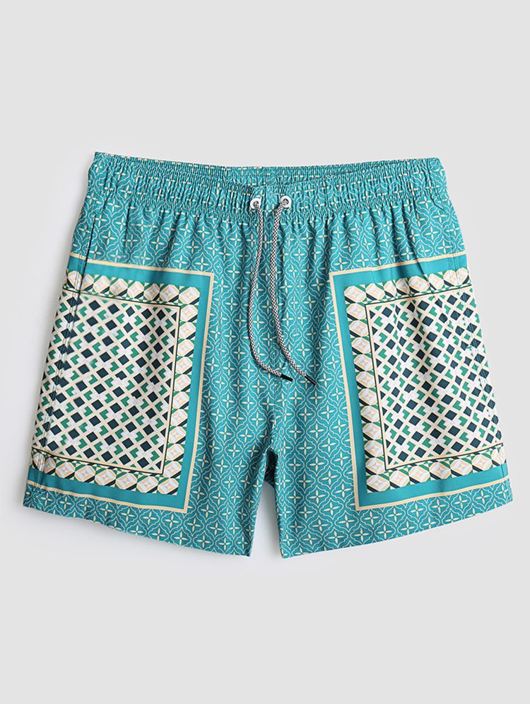 Hommes Élégant Imprimé Patchwork Style Rétro Léger Mince Cordon Board Shorts